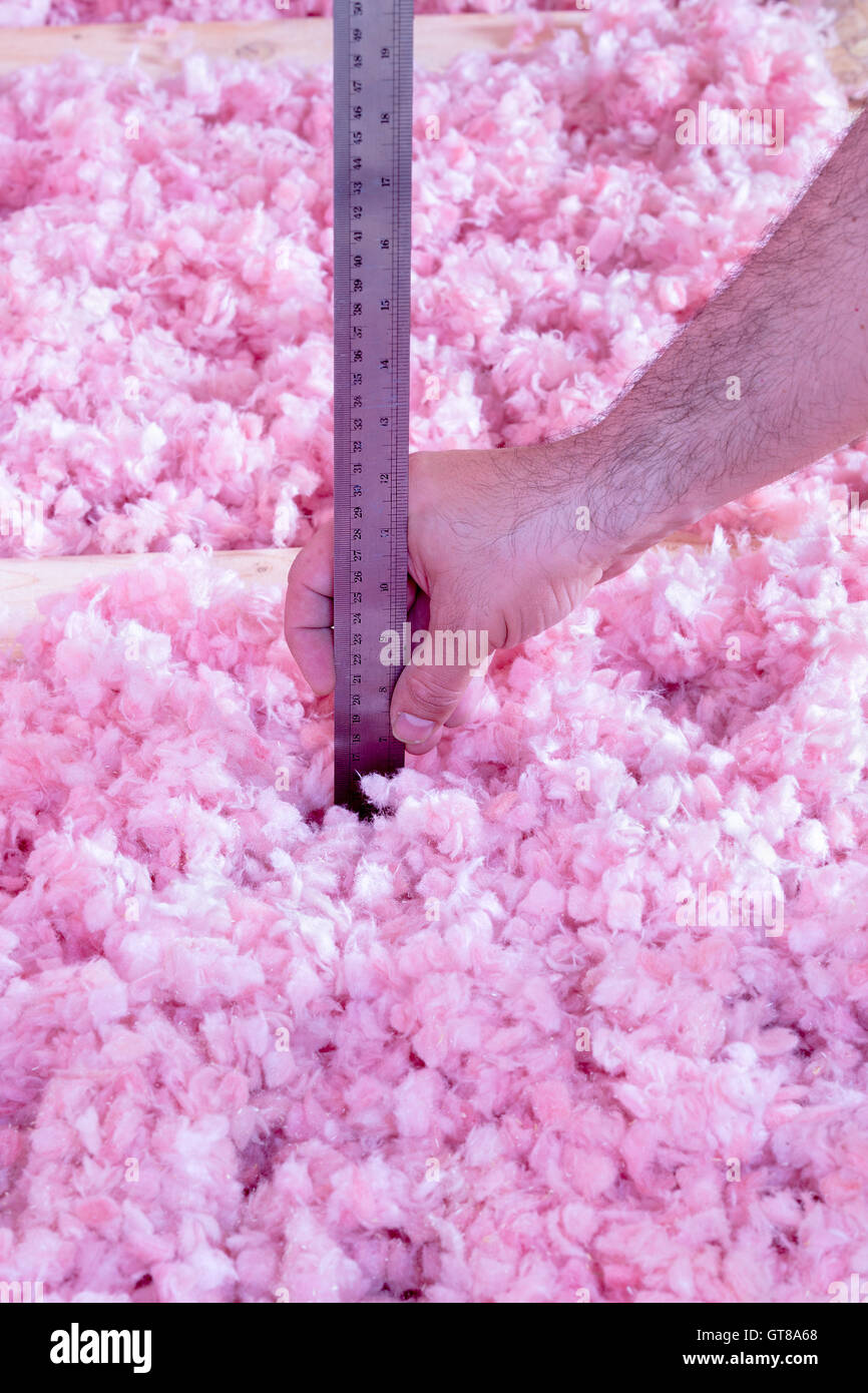 Überprüfen die Tiefe der Isolierung über der Decke auf dem Dachboden eines Hauses mit einem Lineal für die Messung, da er checkt Auftragnehmer Stockfoto Überprüfen die Tiefe der Isolierung über der Decke auf dem Dachboden eines Hauses mit einem Lineal für die Messung, da er checkt Auftragnehmer Stockfoto