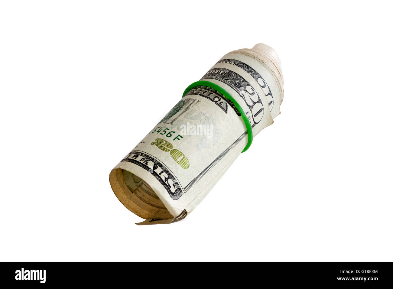 Schließen Sie Bündel von 20 uns Dollar Papier Bill rollte mit Kautschuk, Isolated on White Background. Stockfoto