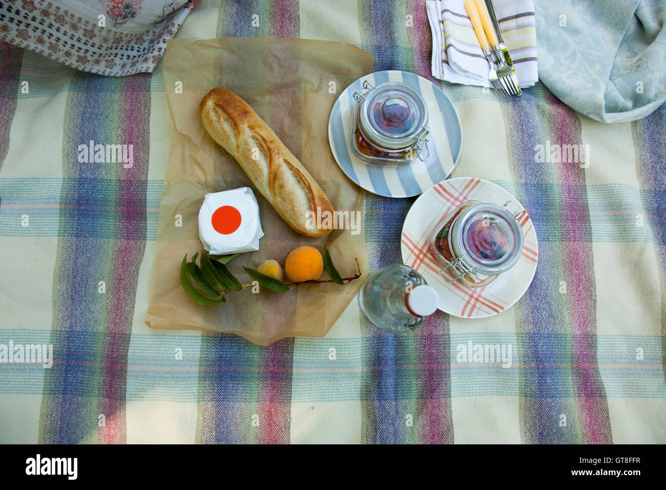 Draufsicht auf Picknick verteilt auf Decke mit Baguette, gewickelt, Käse und Obst mit Wasserflasche Stockfoto