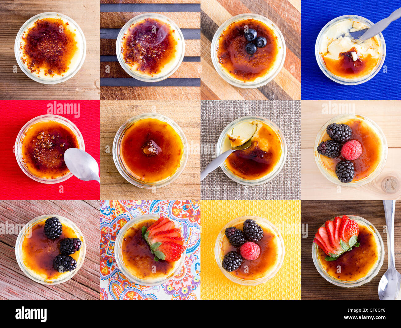 Zwölf Top-down-Variationen von leckeren Vanillepudding Creme Wüste Tassen mit verschiedenen Früchten Toppings und erfreuliche Tabelle Hintergründe Stockfoto
