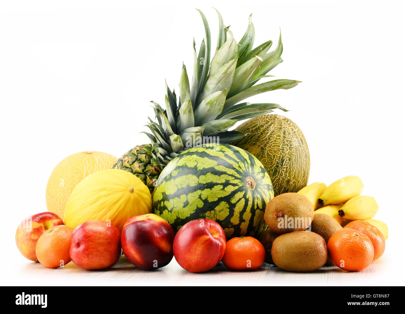 Komposition mit verschiedenen Früchten. Ausgewogene Ernährung Stockfoto