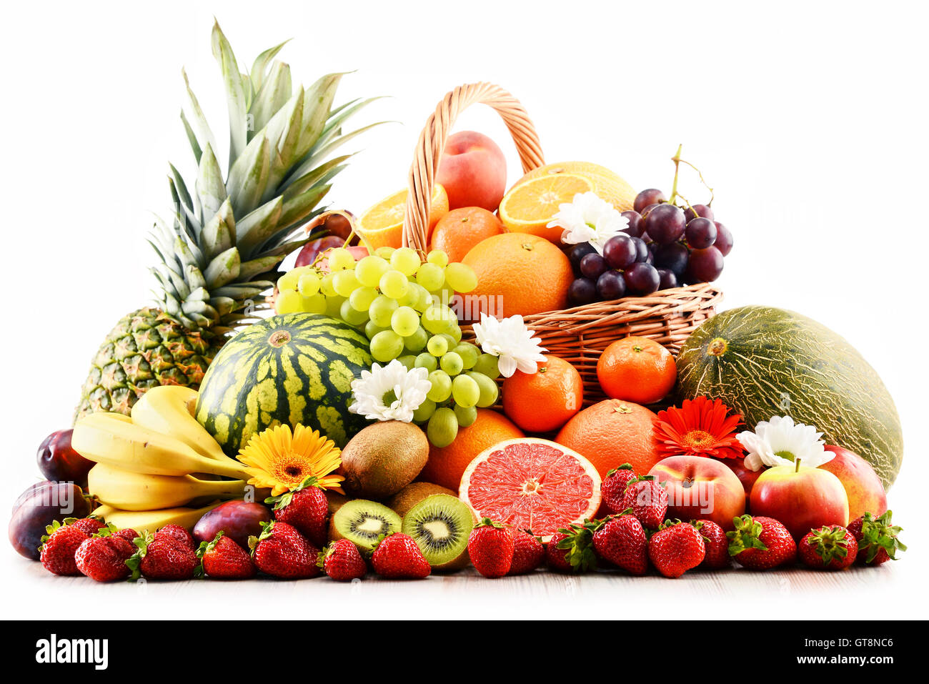 Komposition mit verschiedenen Früchten. Ausgewogene Ernährung Stockfoto