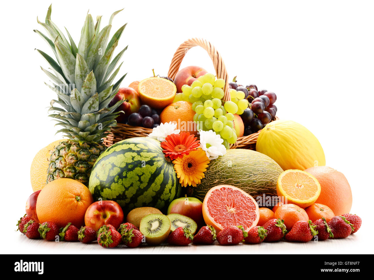 Komposition mit verschiedenen Früchten. Ausgewogene Ernährung Stockfoto