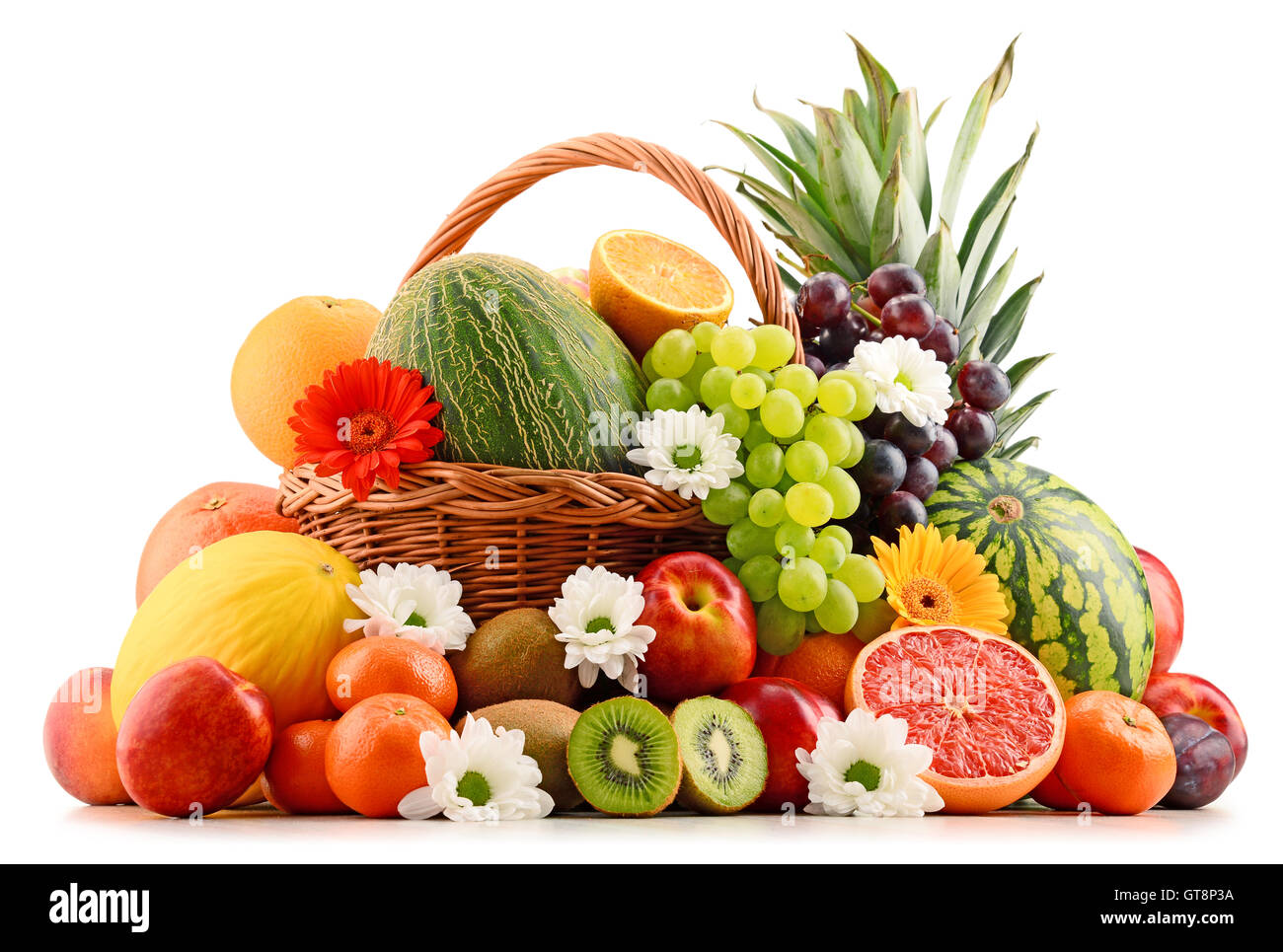 Komposition mit verschiedenen Früchten. Ausgewogene Ernährung Stockfoto
