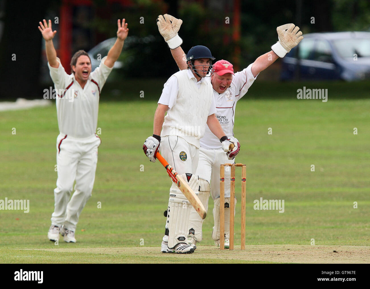 Murray P und K Beazleigh (L) Aufruf erfolgreich für das Wicket J McIver Basildon - unterstützt CC Vs Basildon CC - Essex Cricket League - 07.11.09. Stockfoto