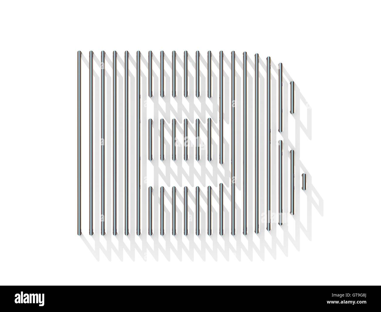 Silber, Stahldraht Schriftart. Buchstabe B mit vertikalen Schatten.  3D-Render Abbildung isoliert auf weißem Hintergrund Stockfoto
