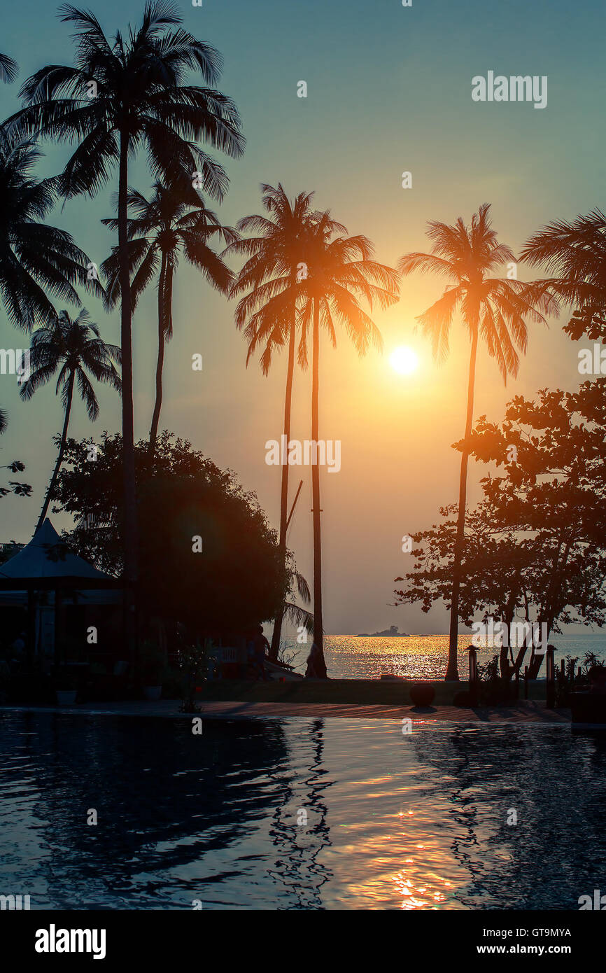 Sonnenuntergang am Meer tropischen Strand. Stockfoto