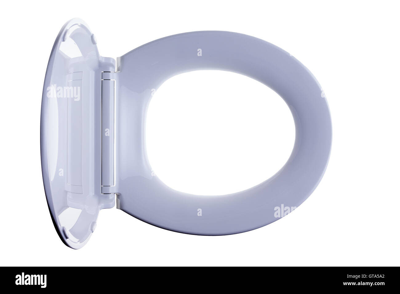 Isolierte offene Uni weiß geformten weißen Kunststoff WC-Sitz gesehen von oben, die wir auf der anderen Seite der Welt durch Stockfoto