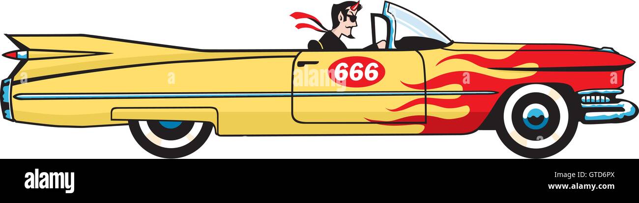 Satans-Cadillac-Vektor-Illustration. Der Teufel treibt ein Cabrio Cadillac mit roten Flammen und racing Nr. 666. Stock Vektor