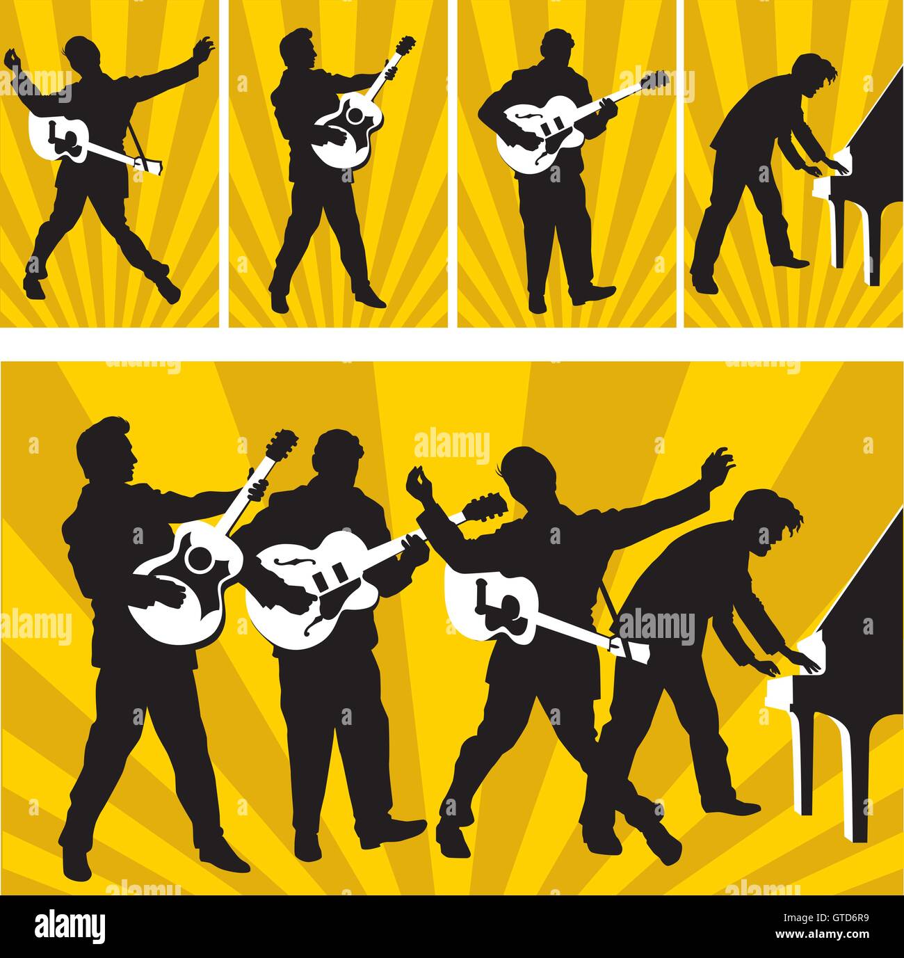 Helden von Sun Records Vektor-Illustration-Satz. Silhouette-Zeichnungen von Jerry, Elvis Presley, Johnny Cash und Carl Perkins. Stock Vektor