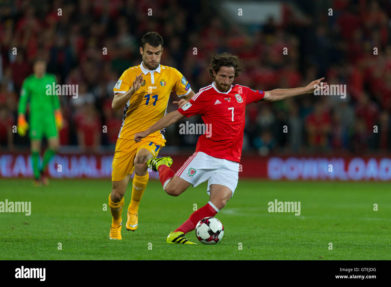 Walisischer Fußballspieler Joe Allen für Wales-Fußball-Nationalmannschaft im Einsatz. Stockfoto