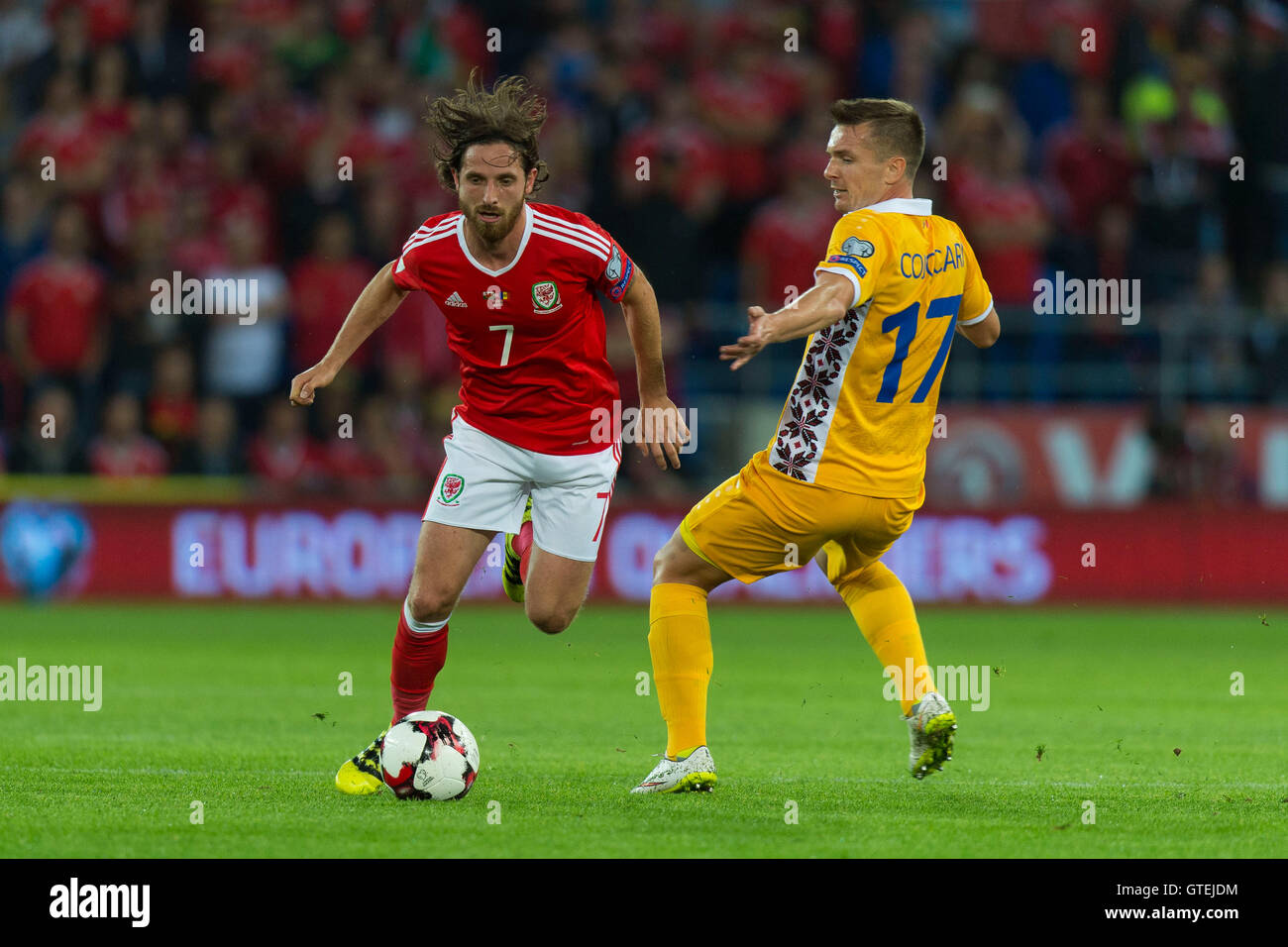 Walisischer Fußballspieler Joe Allen für Wales-Fußball-Nationalmannschaft im Einsatz. Stockfoto