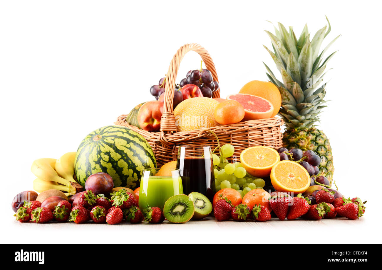 Komposition mit verschiedenen Früchten. Ausgewogene Ernährung Stockfoto