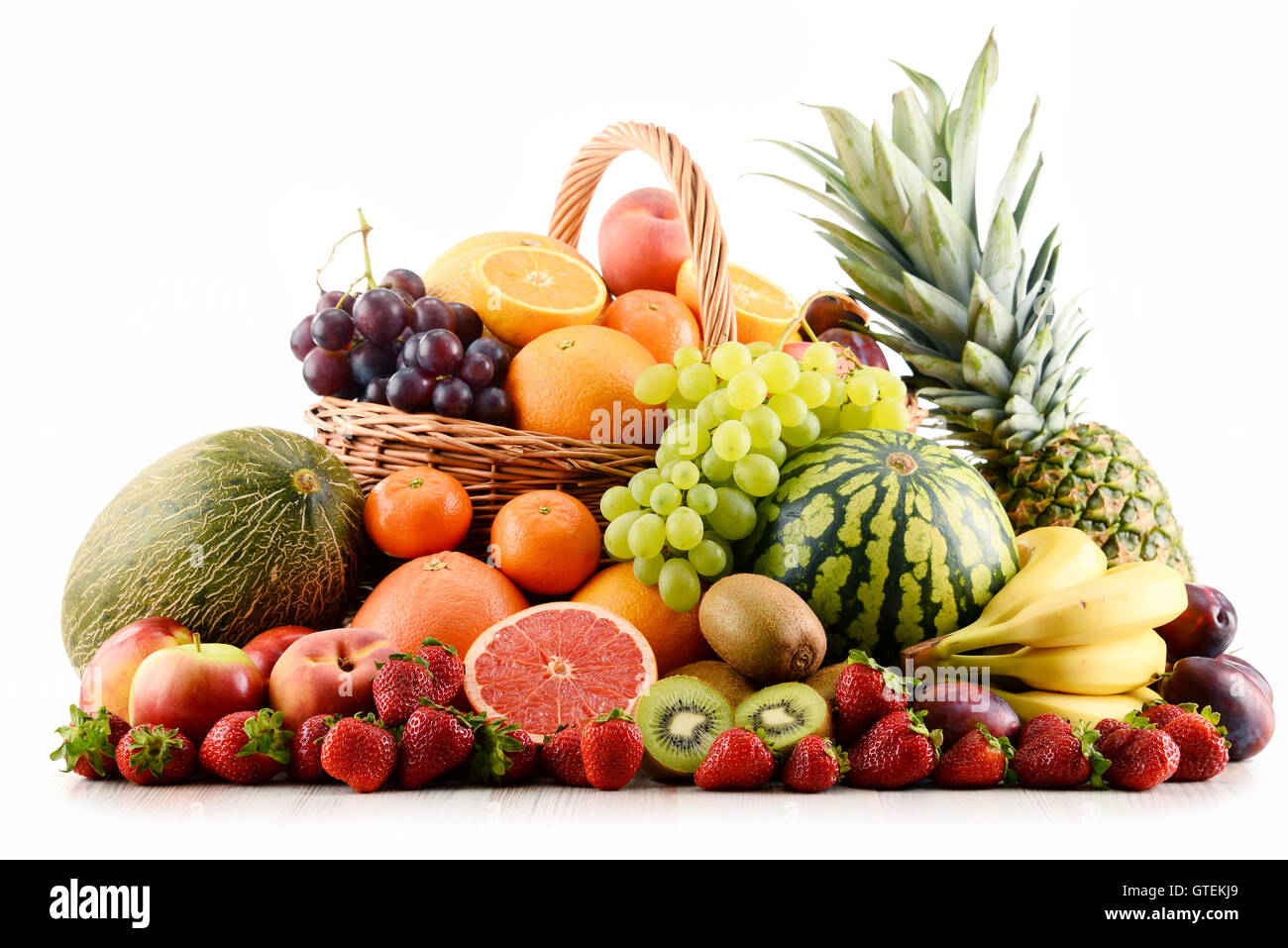 Komposition mit verschiedenen Früchten. Ausgewogene Ernährung Stockfoto