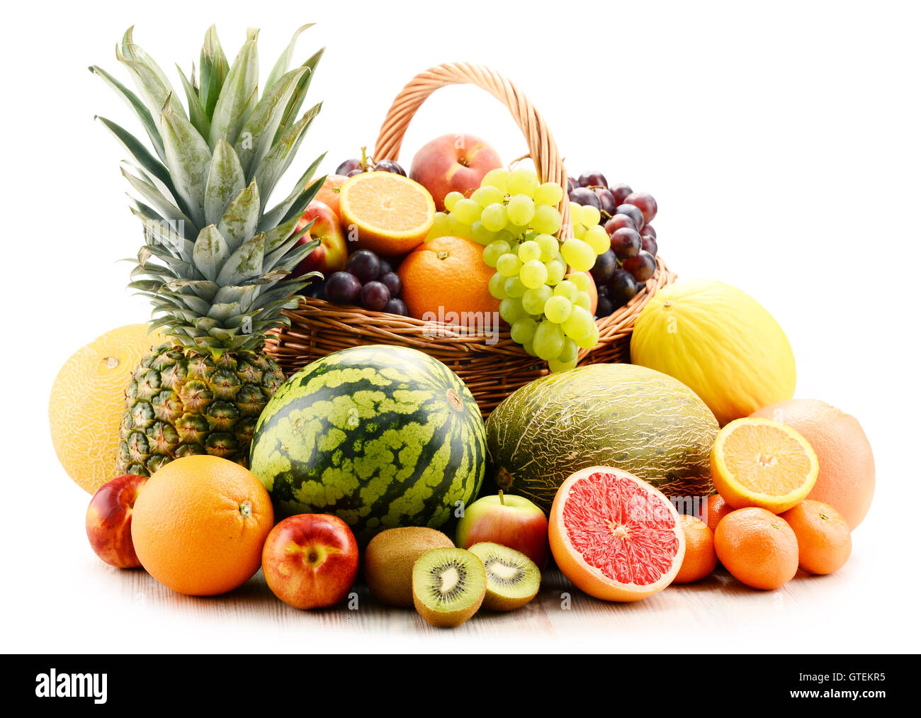 Komposition mit verschiedenen Früchten. Ausgewogene Ernährung Stockfoto
