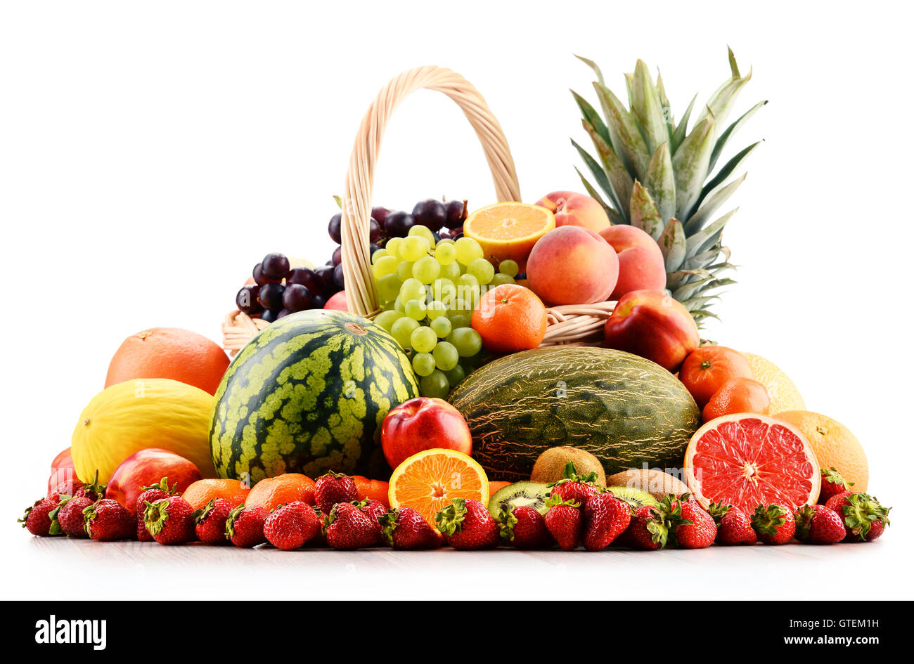 Komposition mit verschiedenen Früchten. Ausgewogene Ernährung Stockfoto