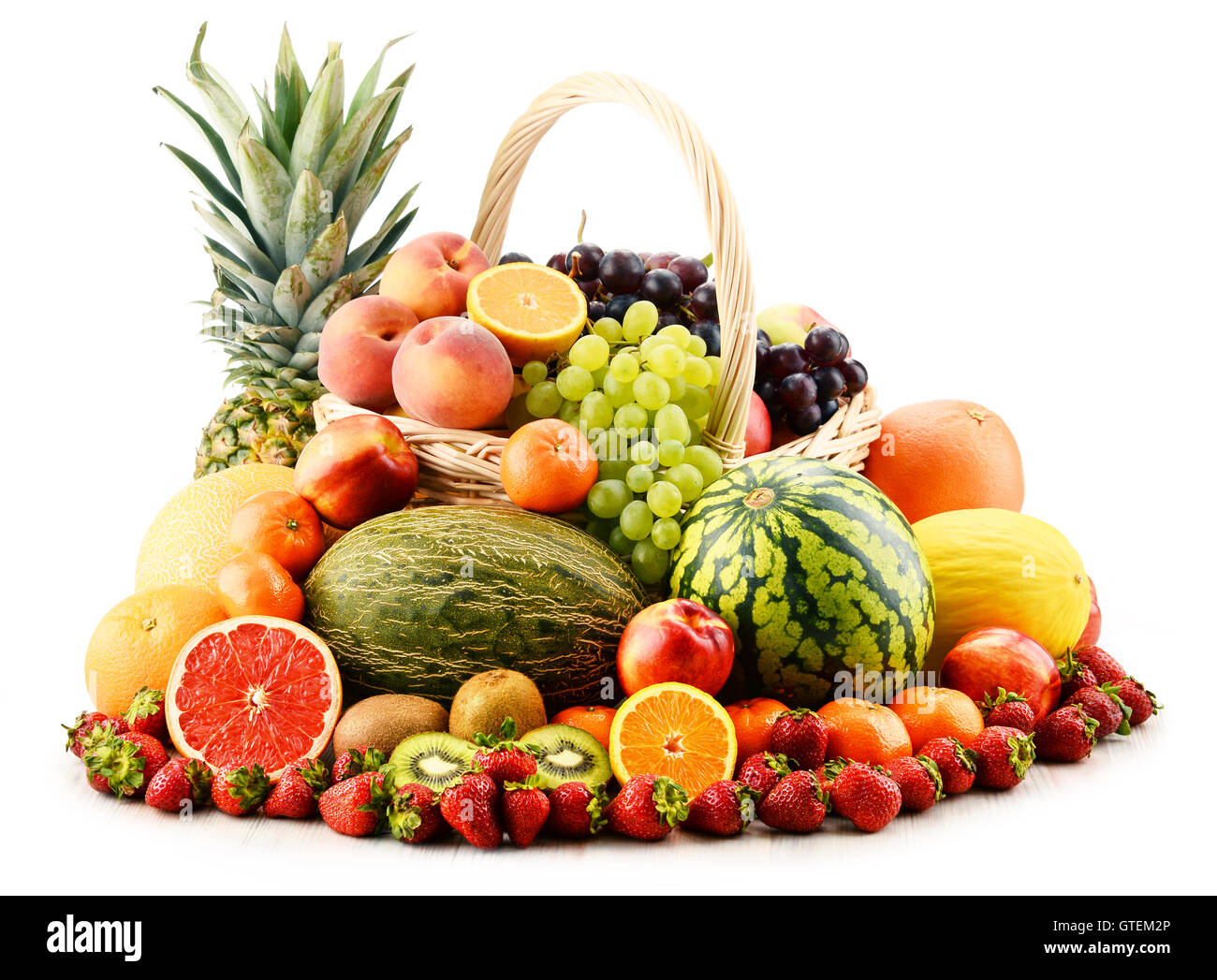 Komposition mit verschiedenen Früchten. Ausgewogene Ernährung Stockfoto