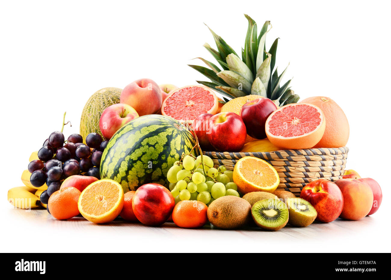 Komposition mit verschiedenen Früchten. Ausgewogene Ernährung Stockfoto