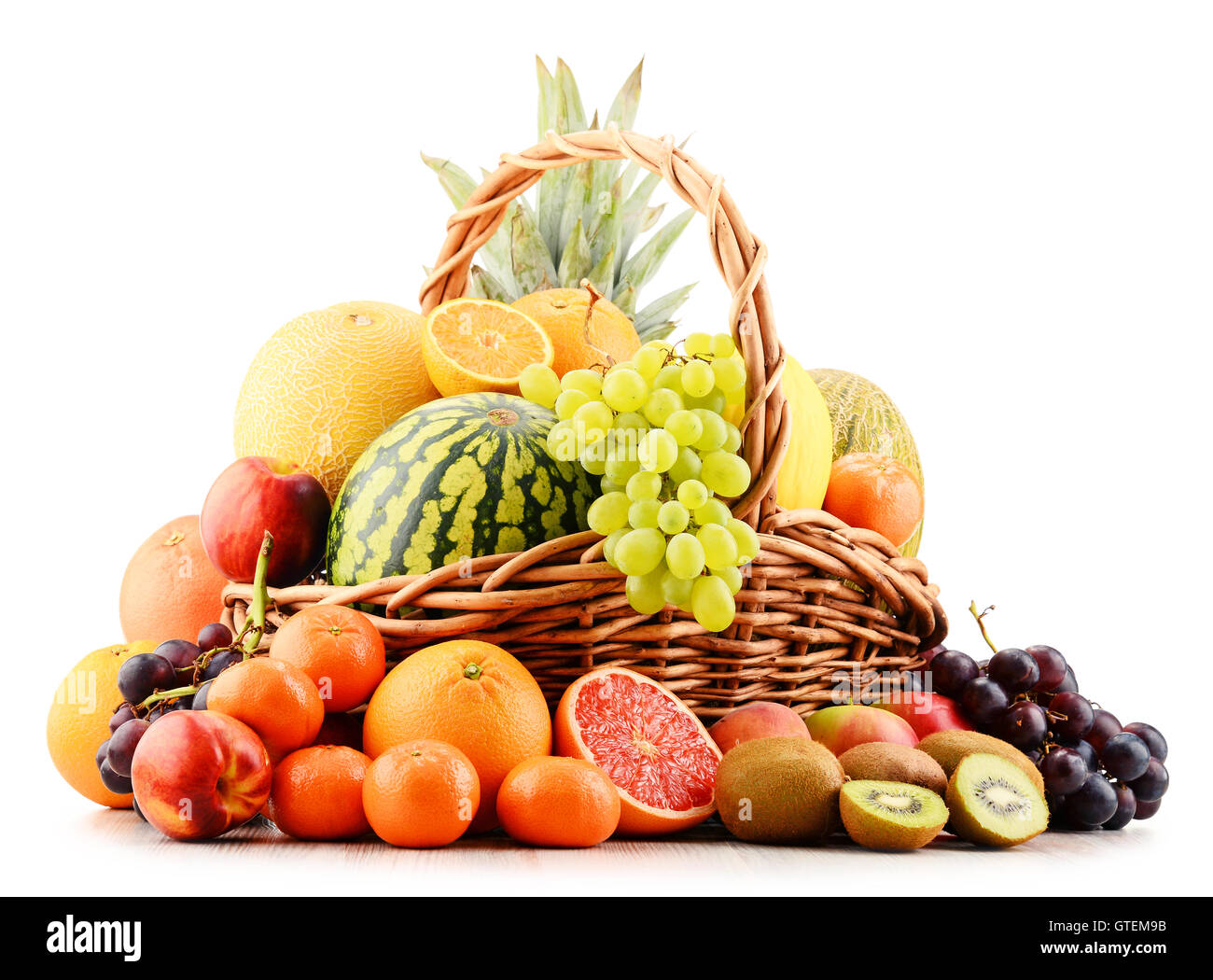 Komposition mit verschiedenen Früchten. Ausgewogene Ernährung Stockfoto