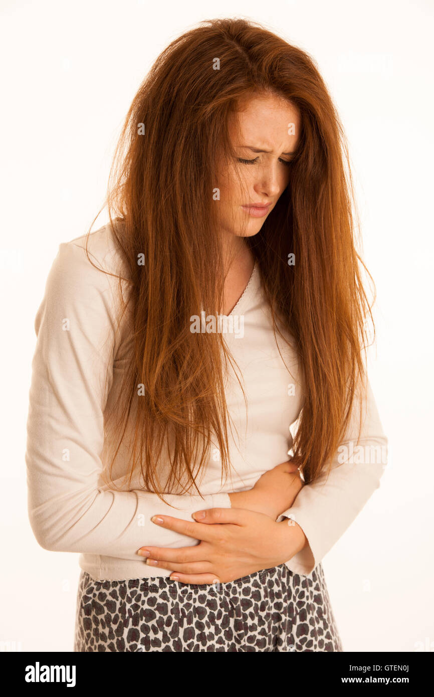 Krankheit Magen Schmerzen Schmerzen Zeitraum isoliert Frau leidet auf weißem Hintergrund Stockfoto