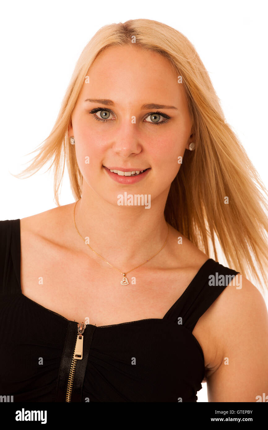 Blonde Teenager-Mädchen Lächeln isoliert auf weißem Hintergrund Stockfoto