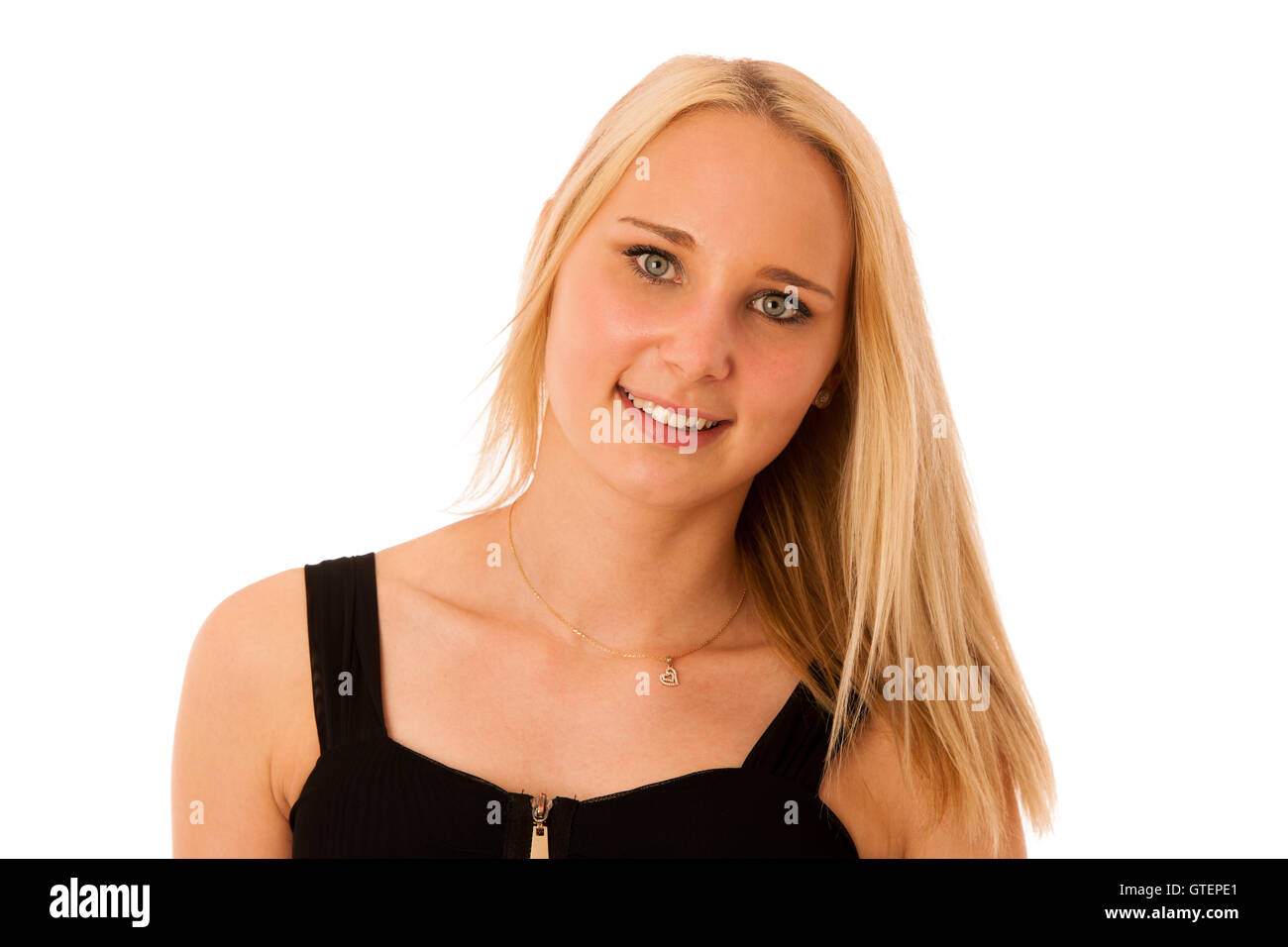 Blonde Teenager-Mädchen Lächeln isoliert auf weißem Hintergrund Stockfoto