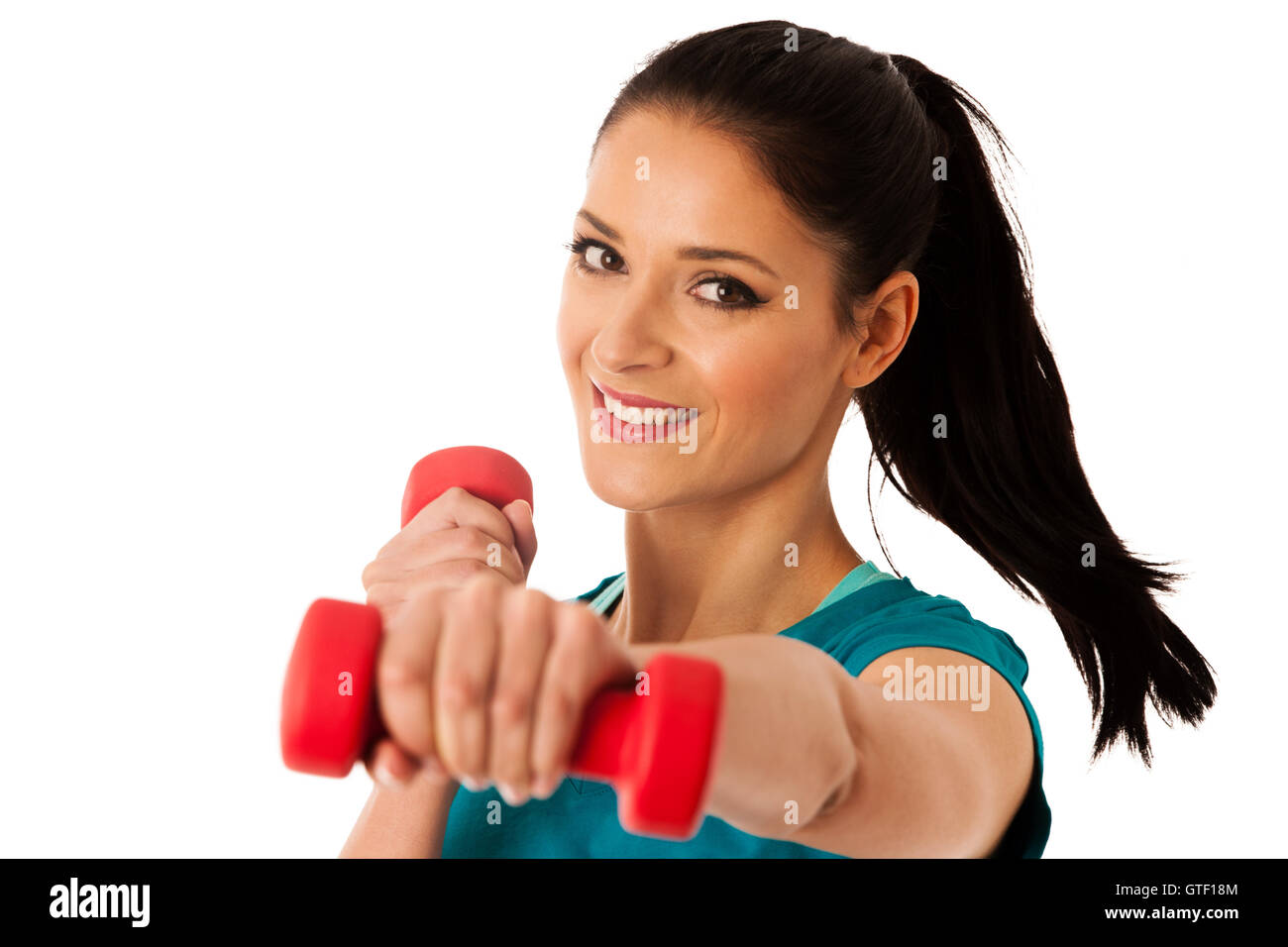 aktive Frau mit Hanteln trainieren Sie im Fitness-Studio, die isoliert auf weißem Hintergrund Stockfoto