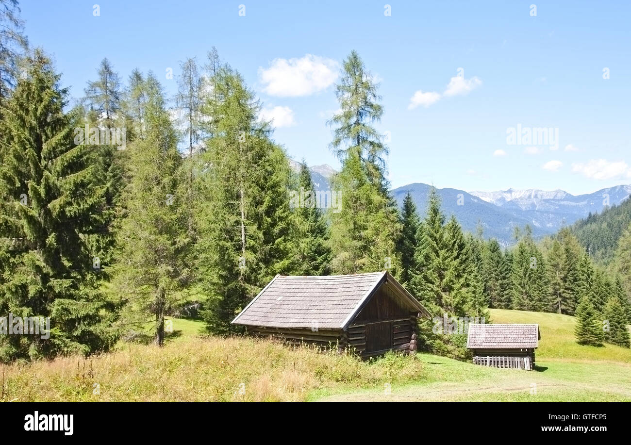 Kleine Hütten im grünen Berge von Österreich Stockfoto