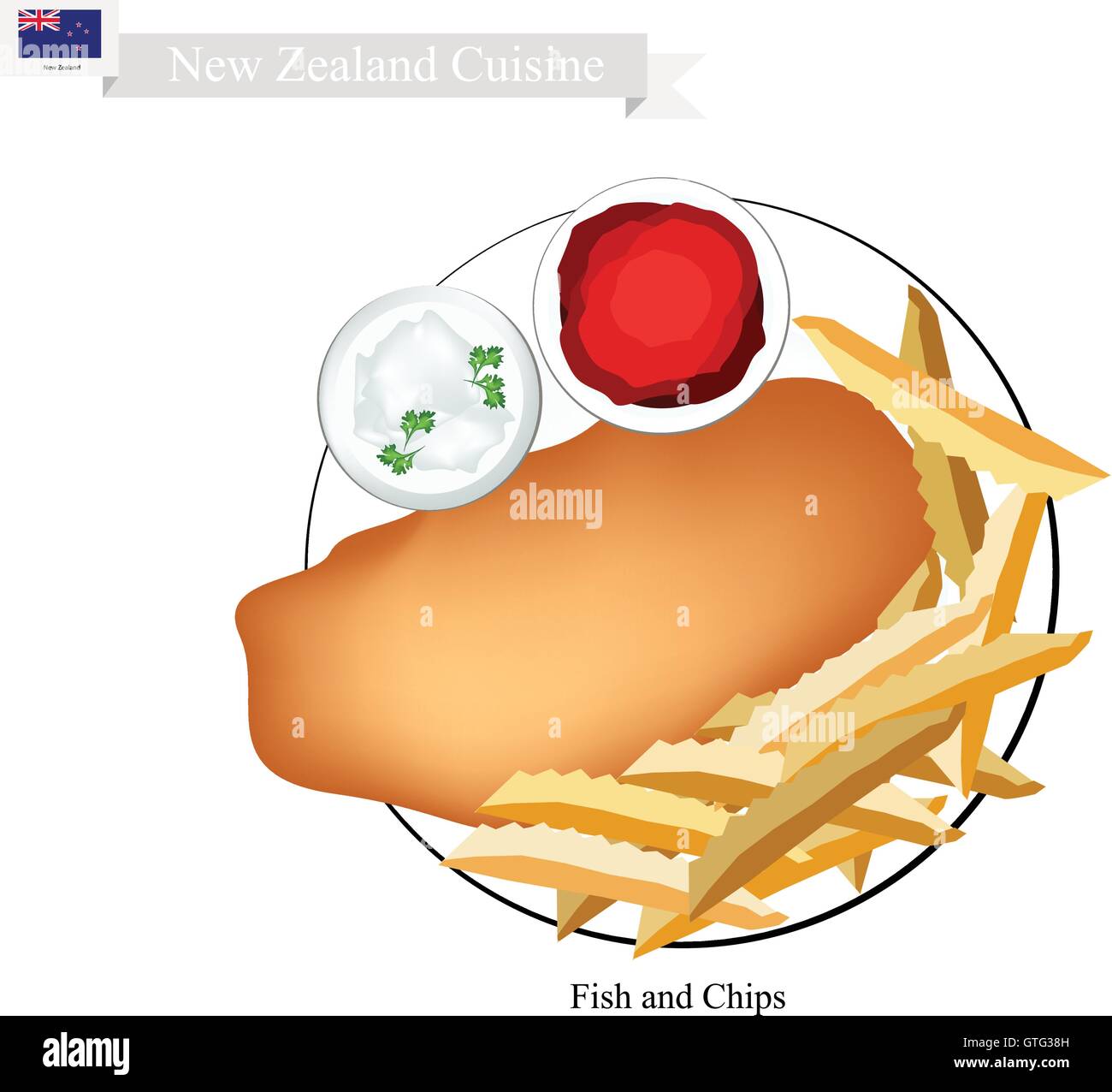 Neuseeländische Küche, Illustration von traditionellen Fish And Chips. Ein beliebtes Essen zum mitnehmen in Neuseeland. Stock Vektor