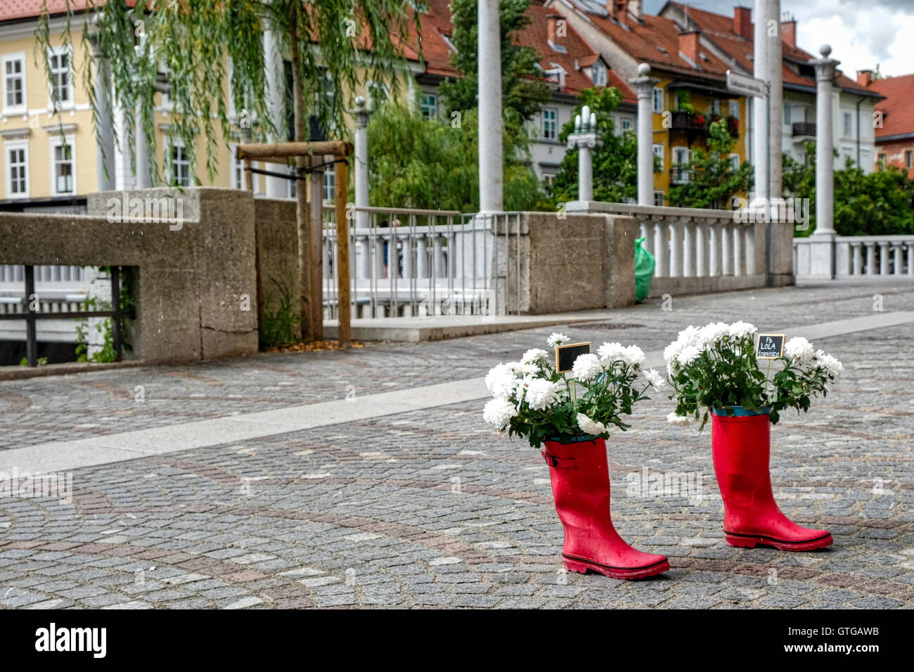 Rote Gummistiefel mit weißen Blumen auf dem Bürgersteig gefüllt Stockfoto