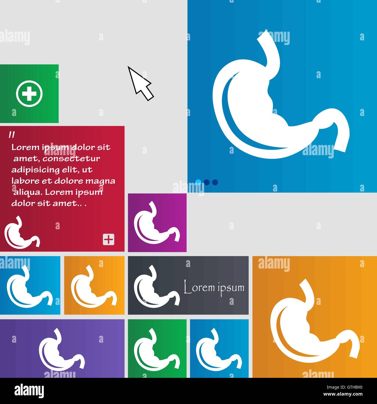 Magen-Symbol Zeichen. Schaltflächen. Moderne Oberfläche Webseite mit Cursor Cursor Tasten. Vektor Stock Vektor