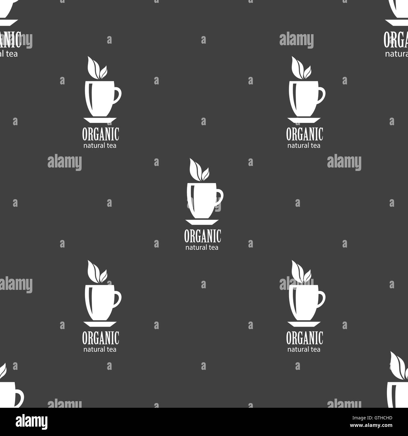 Natürliche Bio-Tee-Zeichen. Nahtlose Muster auf einem grauen Hintergrund. Vektor Stock Vektor