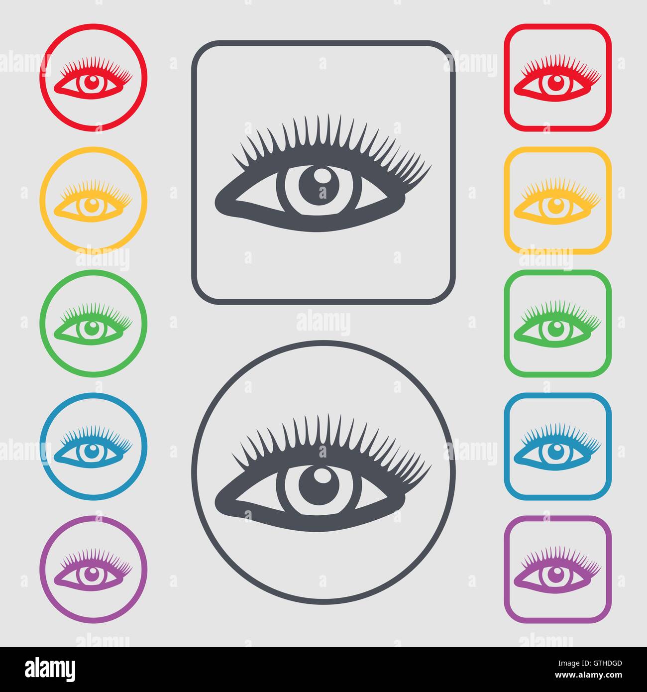 Wimpern-Symbol Zeichen. Symbol auf der Runde und quadratische Tasten mit Rahmen. Vektor Stock Vektor