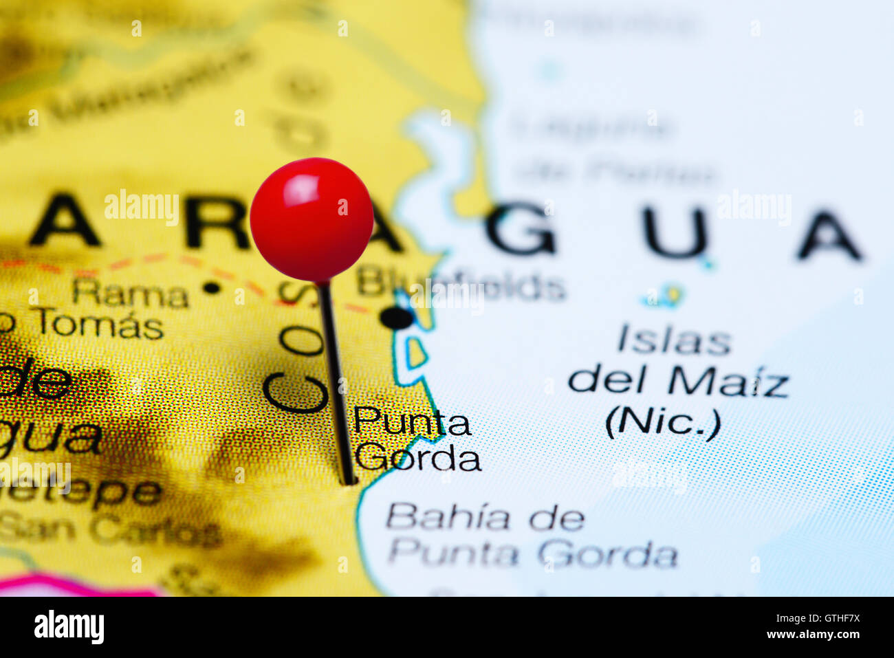 Punta Gorda fixiert auf einer Karte von Nicaragua Stockfoto
