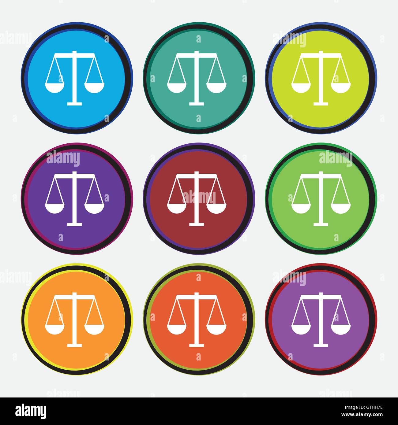 Waage der Gerechtigkeit Symbol Zeichen. Neun Multi farbige Runde Tasten.  Vektor Stock-Vektorgrafik - Alamy