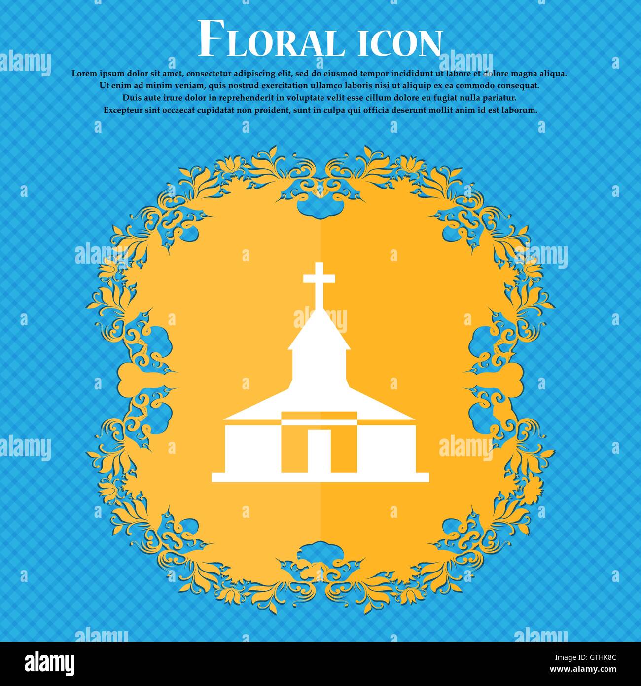 Kirche-Symbol Symbol. Flache Blütenmuster auf blauem abstrakten Hintergrund mit Platz für Ihren Text. Vektor Stock Vektor