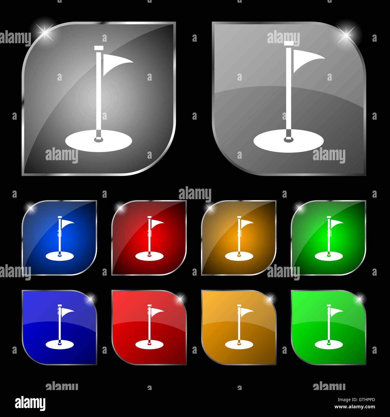 Golf-Symbol Zeichen. Satz von zehn bunte Knöpfe mit Blendung. Vektor Stock Vektor