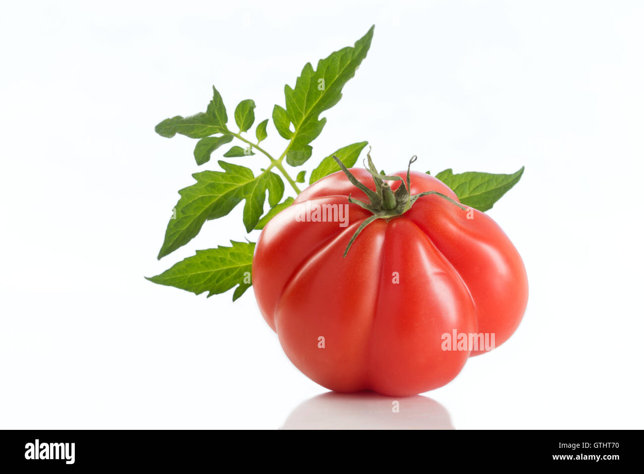 Heirloom Tomaten, große Nahaufnahme ganz auf weißem Hintergrund Stockfoto