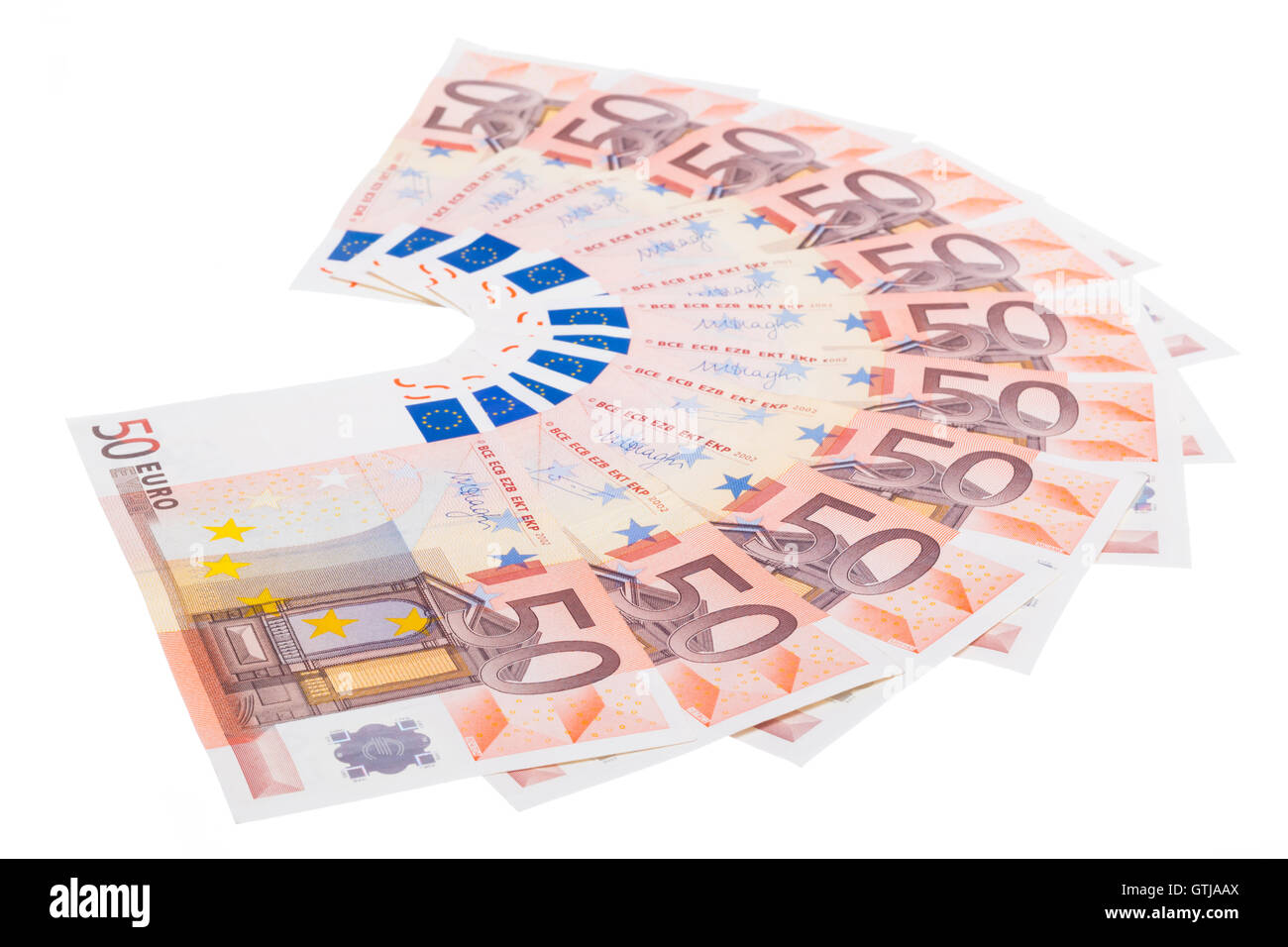 50 Euro Banknote Fan isoliert auf weißem Hintergrund Stockfoto