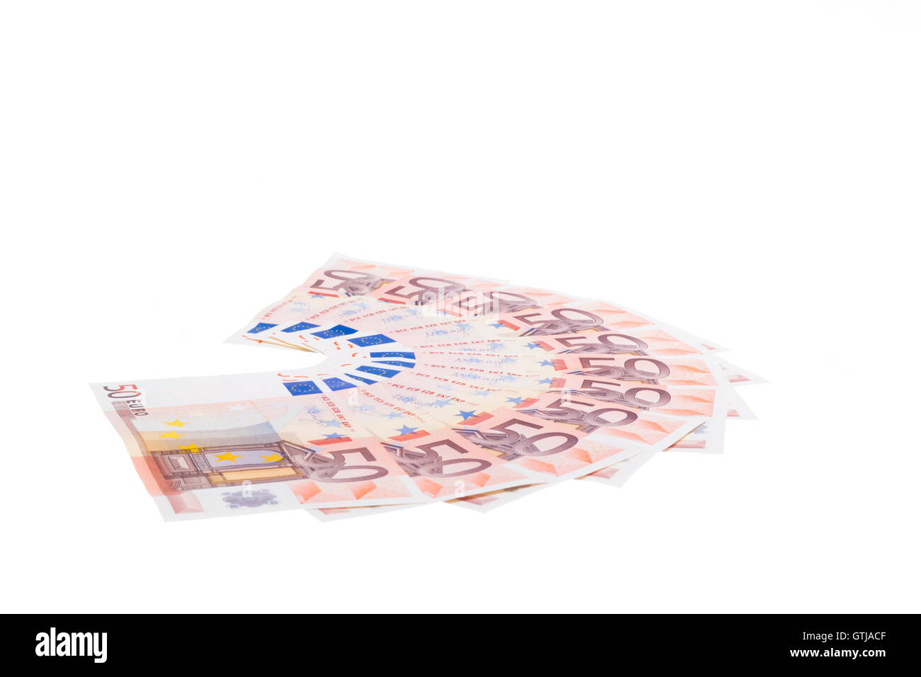 50 Euro Banknote Fan isoliert auf weißem Hintergrund Stockfoto