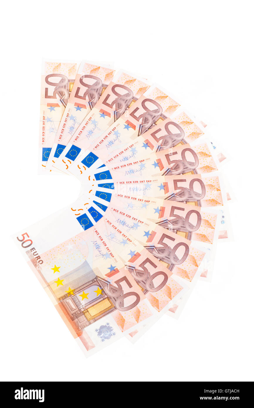 50 Euro Banknote Fan isoliert auf weißem Hintergrund Stockfoto