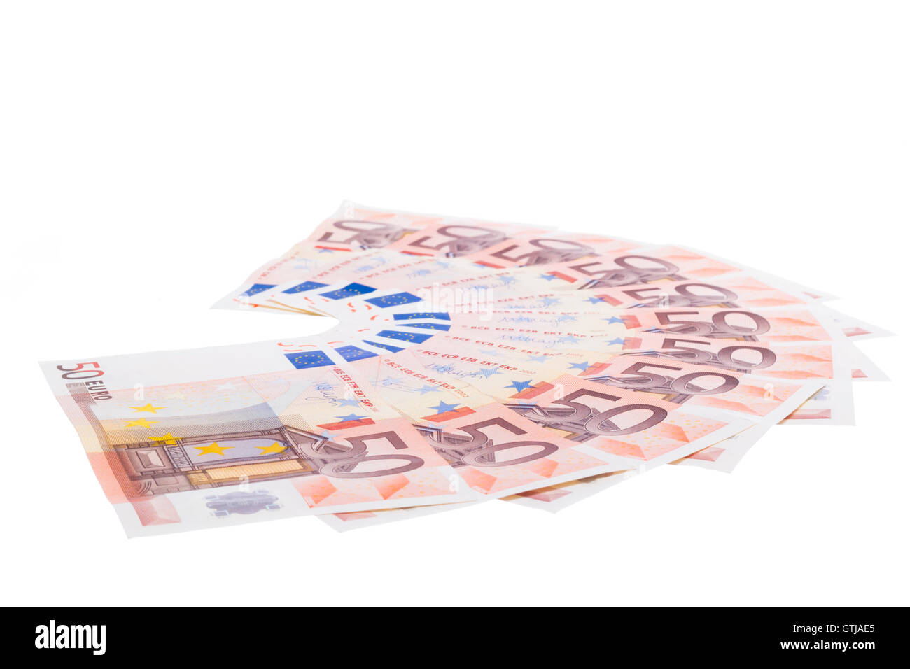 50 Euro Banknote Fan isoliert auf weißem Hintergrund Stockfoto