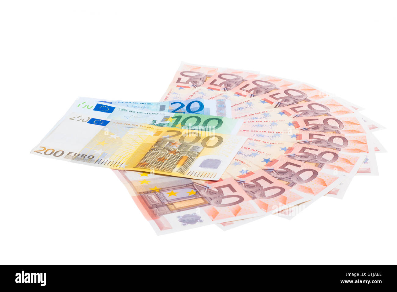 50 Euro Banknote Fan isoliert auf weißem Hintergrund Stockfoto