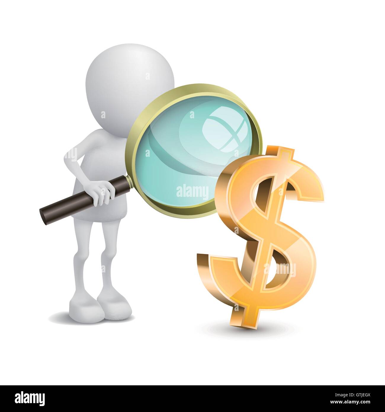 3D Person mit einer Lupe, Dollar zu überprüfen Stock Vektor