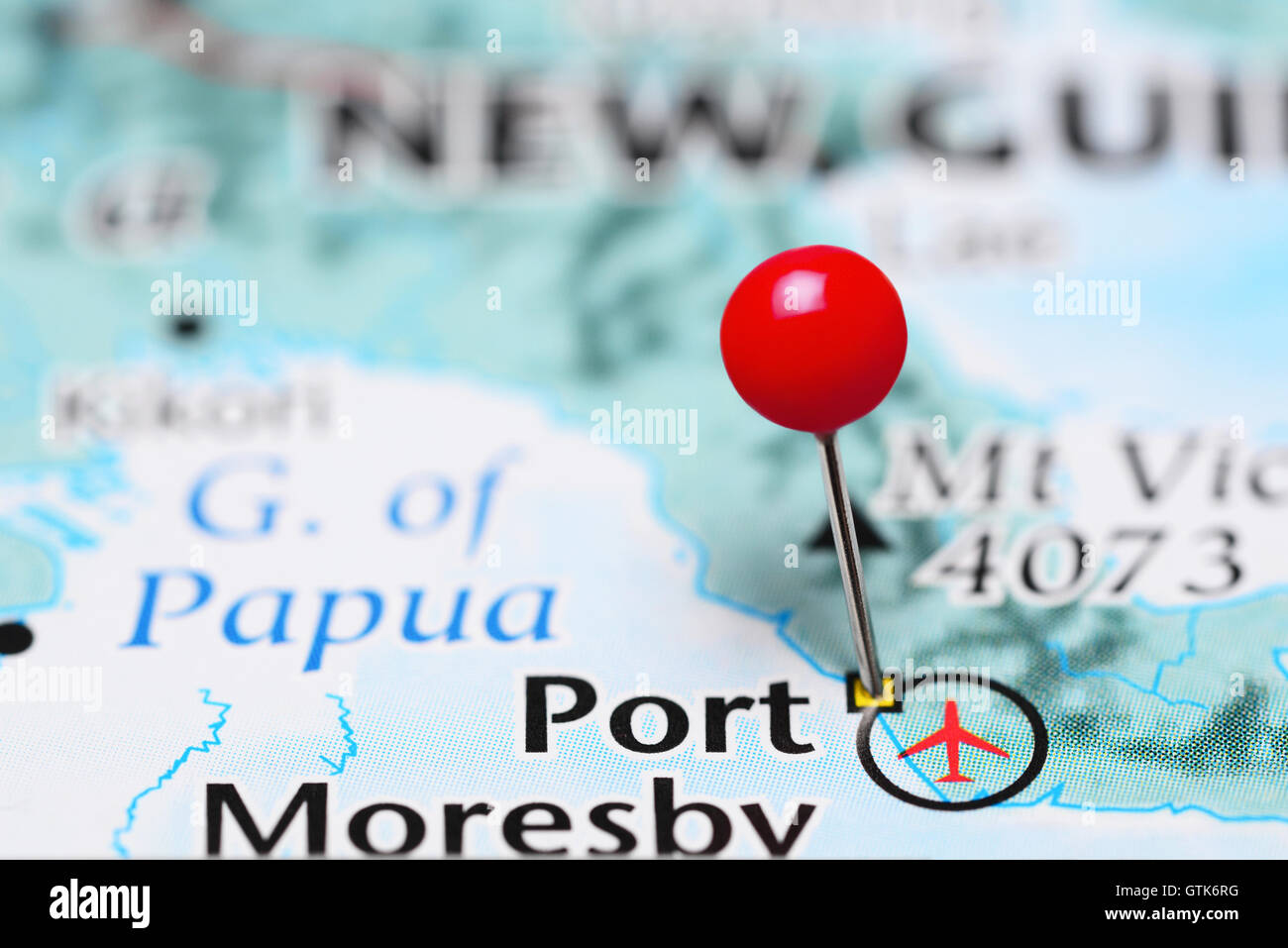 Port Moresby fixiert auf einer Karte von Papua-Neu-Guinea Stockfoto