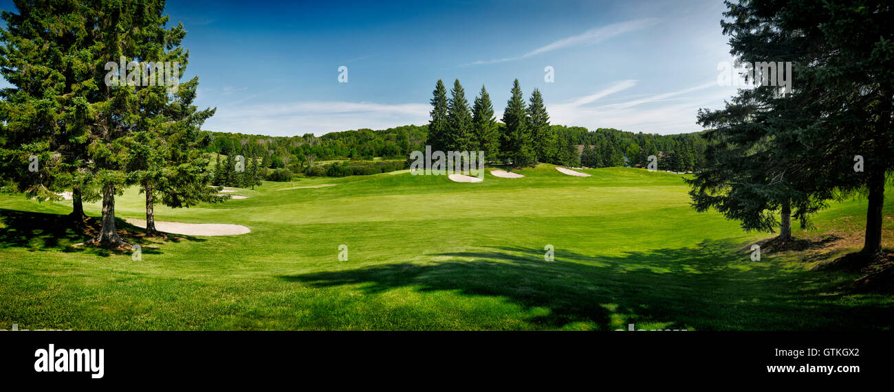 Führerschein und Drucke auf MaximImages.com - Green Golf Course Panorama Sommerlandschaft. Huntsville, Muskoka, Ontario, Kanada. Stockfoto