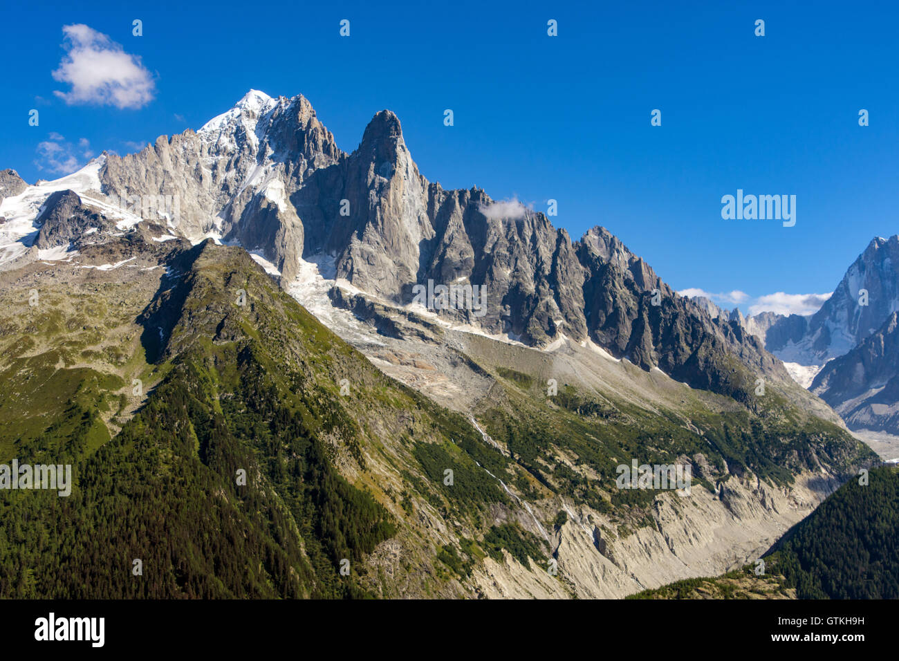 Aiguille Verte und der Aiguille du Dru, Chamonix-Mont-Blanc Stockfoto