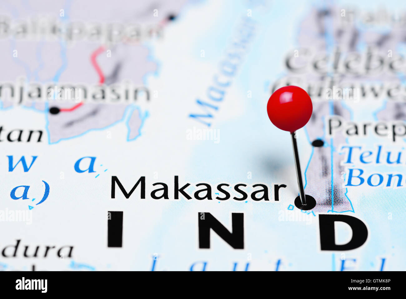Makassar, fixiert auf einer Karte von Indonesien Stockfoto