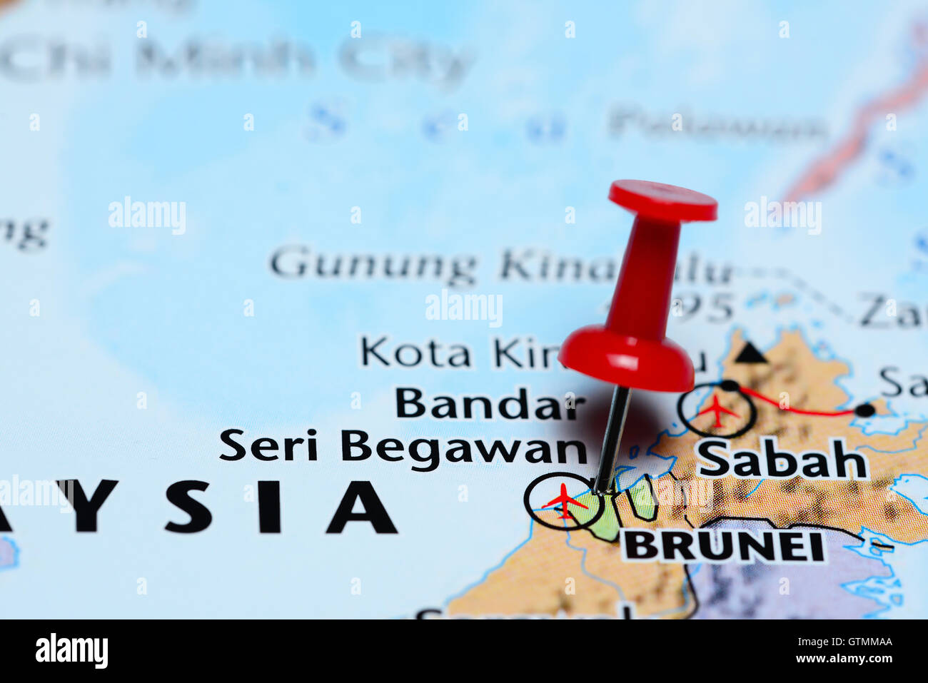 Bandar Seri Begawan fixiert auf einer Karte von Asien Stockfoto