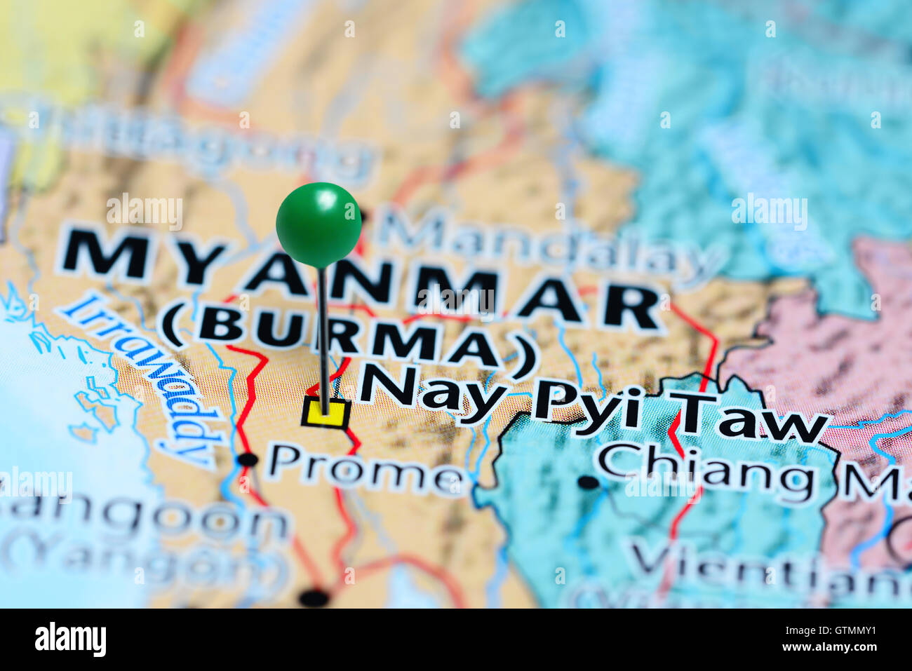 Nay Pyi Taw angeheftet, auf einer Karte von Myanmar Stockfoto